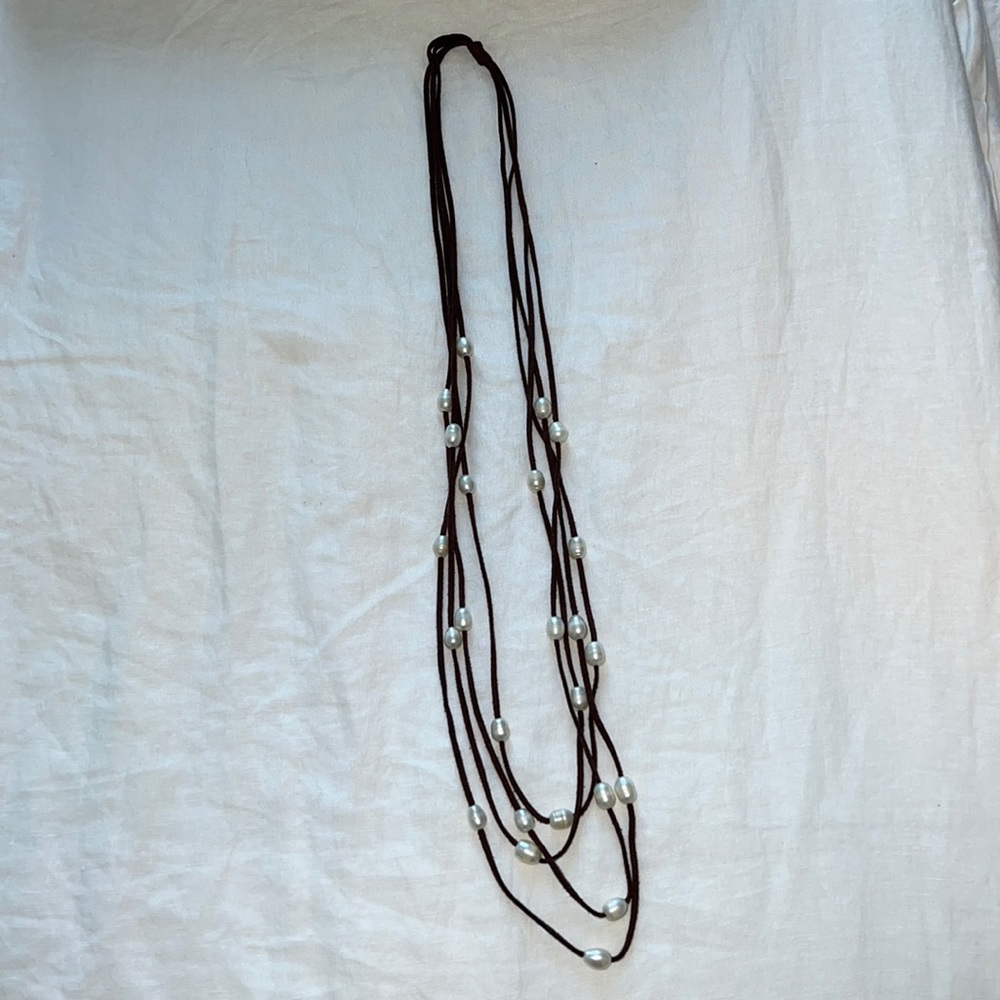 Pearl and brown leather layering necklace